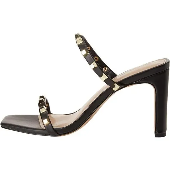 Women's Avery Square Toe Two Strap High Heeled Black Studded Sandal - Picture 5 of 7